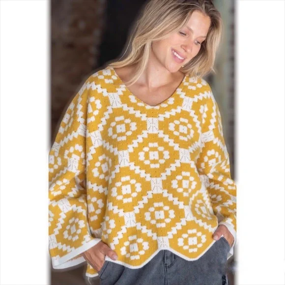 POL Geo Print V Neck Sweater Oversized Fit - Picture 6 of 12